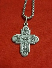 4 WAY CATHOLIC CROSS Medal Pendant Necklace WITH CHAIN  SILVER  PLATED Italy picture