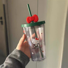 NEW Starbucks X Hello Kitty 16 Oz. Cold Water Plastic Straw Tumbler W/ Cute Bows picture