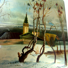 Vtg signed Russian Fedoskino Lacquar Box ROOKS HAVE ARRIVED winter opalescent picture