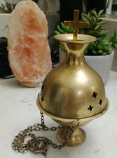 Vintage Solid Brass Hanging Censer Thurible Incense Burner with Cross Top 7.5'x4 picture