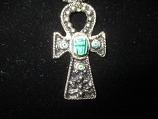 Vtg. Egyptian Ankh Silvertone Turquoise Pendant & Chain. Key of Life. Gift Box. picture