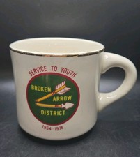 Vtg Boy Scouts BSA Mug Broken Arrow District Anniversary 1964-1974 Gold Rim picture