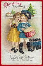 Vtg Clapsaddle Christmas Children Toy Soldiers Drum Uniform PC A/S Emb c1915 picture