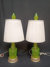 Pair 19th C. Cut Glass Vaseline Uranium Glass Glow Lamps  Custom shades Bohemian picture