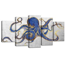 Sechars Large 5 Piece Octopus Canvas Wall Art Blue And Gold Grey Decor Marine picture