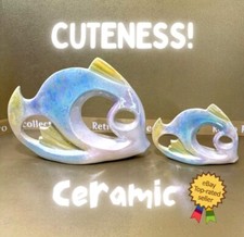 Vintage Ceramic Fish Cubist Pearlescent Sculptures MCM 1980's Large and Small picture