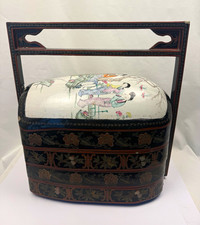 Vintage Chinese 3 Tier Lacquer Wedding Basket Hand Painted Porcelain Lid FineArt picture