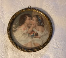 Antique French Round Gilded Bronze Photo Frame with Beveled Glass - 6” diameter picture