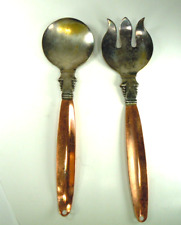 Salad Fork Spoon Serving Set Vintage Silver Plate  with Copper Handle picture