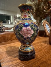 Vintage Chinese Cloisonne Enamel Vase - 6” Tall - Blue Brass Floral Peony Vase picture