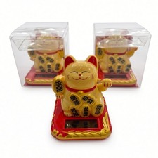 3 Solar Powered Lucky Cats Maneki Neko Gold Waving Fortune Cat Feng Shui Decor  picture