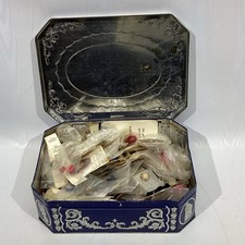 Vintage Huntley Palmers Biscuit Rectangle Tin Filled w/ Vintage Buttons Blue picture
