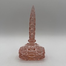 Vintage Irice Pink  Cut Glass Pyramid Perfume Bottle w Stopper 6 1/4” T picture