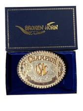 Broken Horn Champion Trophy Belt Buckle 1991 LSAC West Sterling Silver Overlaid picture