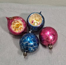 4 Vtg Mid-Century Mercury Glass Indent Christmas Ornaments Pink Blue Pointed Tip picture