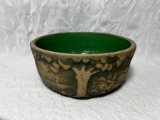 VINTAGE RRP CO.  GREEN BRUSHWARE SCENIC TREES STONEWARE BULB BOWL PLANTER picture