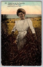vintage 1912 woman wheat field novelty postcard come out of farm health Wealth picture