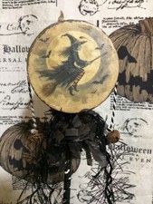 Handmade Vintage Style Halloween Noisemaker - Flying Witch on Broom & Raven picture