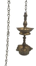 Vintage Indian Brass 2-Tier Hanging Oil Lamp Thooku Vilakku Engraved 70” Chain picture