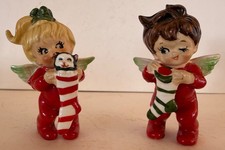 Vintage Lefton  Angel Brother & Sister Peeking In Christmas Stocking Figurines picture