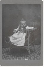 Antique 1880s Cabinet Card Photo Adorable Pretty Baby Eyelet Dress Curl Wicker picture