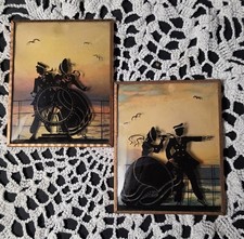 VTG Reverse Painted Silhouette Convex Bubble Glass Nautical Art Lot of 2 picture