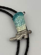 Vintage Bolo Tie Western Cowboy Southwest Boot Silver Tone Enameled Blue Inlay picture