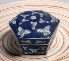 Vintage Cobalt Blue & White Butterfly Hexagonal Ceramic Trinket Box  picture