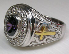 AMETHYST CRUCIFIX CHRISTIAN 925 STERLING SILVER BISHOP RING NEW HOLY MEN'S BIKER picture