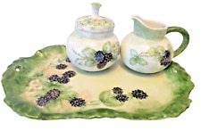 Signed Vintage Hand Painted Tray, Creamer, Sugar Bowl  Blackberry Design picture