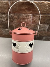 Vintage Tin Metal Canister Container w/Handle & Lid Cut out Hearts Pink White picture