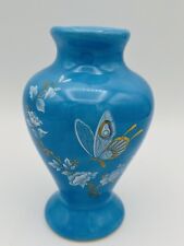 Vtg Asian Blue Pottery Vase Hand painted Flowers, Butterfly, Gold Inlay, 4” Tall picture