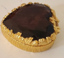 Vtg Heart Shapes Deep Amber Stone Faceted Trinket Pill Box Gold Tone Vanity Box picture