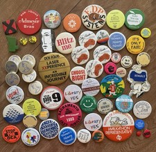 Lot 60 Vintage Pin back Buttons 1980s 1990s PNW Pop Culture Advertising Random picture