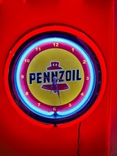 Pennzoil Oil Gas Station Garage Man Cave Red Neon Style Retro LED Clock Sign picture