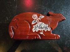 Hand crafted 3D Intarsia Wood Art BUNNY RABBIT Puzzle Wooden Box Secret Compart picture