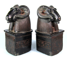 ANCIENT EGYPTIAN RAM HEAD BOOKENDS GOD AMUN VINTAGE MET MUSEUM OF ART REPLICA picture
