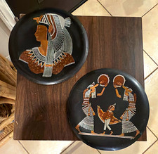 Lot of 2 Egyptian Themed Black Round Ceramic Decorative Collector Plates picture