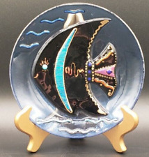 Studio Art Signed Dichroic Fused Glass Blue Black Iridescent Fish Plate Ocean 7