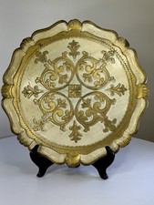 Vintage Florentine Italian Tole Tray White Gold Filigree Design 15 Inches picture