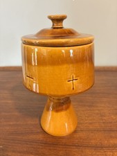 Vintage Studio Pottery Lidded Communion Chalice Signed Art MCM Cross Honey Brown picture