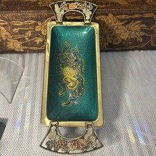 VTG LOVLY JUDAICA Green ENAMELED BRASS FRUITS CANDY FOOTED DISH BOWL MADE ISRAEL picture
