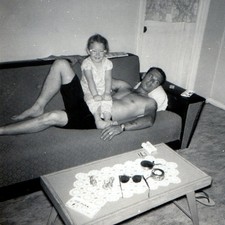 c1950s Shirtless Man Girl Daughter Couch Snapshot Photo Living Room Sunglasses picture