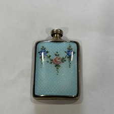 Antique Sterling Silver Sky Blue Guilloche Enamel Perfume Bottle Flask Rose picture
