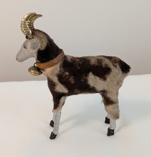 Uncommon Antique Horned Putz Goat Mottled Fleece Blue Eyes Bell 1920s picture