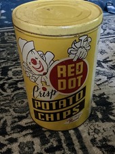 Vintage Red Dot Crisp Potato Chip Clown Graphic Yellow Can picture