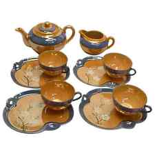 Vtg. TA Japanese Tea Set Blue and Peach Lusterware Plates, Cups, Teapot, Creamer picture