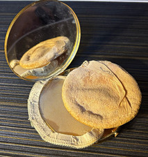 Vintage Gold Tone Compact Powder w/ Mirror & Puff, Black Enamel Floral Lid picture