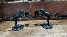 Pair of Vintage SPI Verdigris Brass Frogs on Lily Pads Taper Candle Holders picture