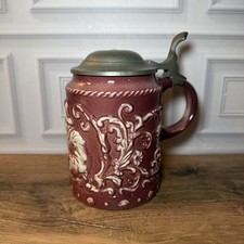 6” Vintage Gerz German Stoneware Raised Floral Scroll Lidded Beer Stein picture